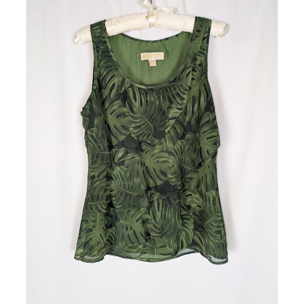 Michael Kors Tank Top M Womens Green Leaf Print Tiered Sleeveless Beach Vacation